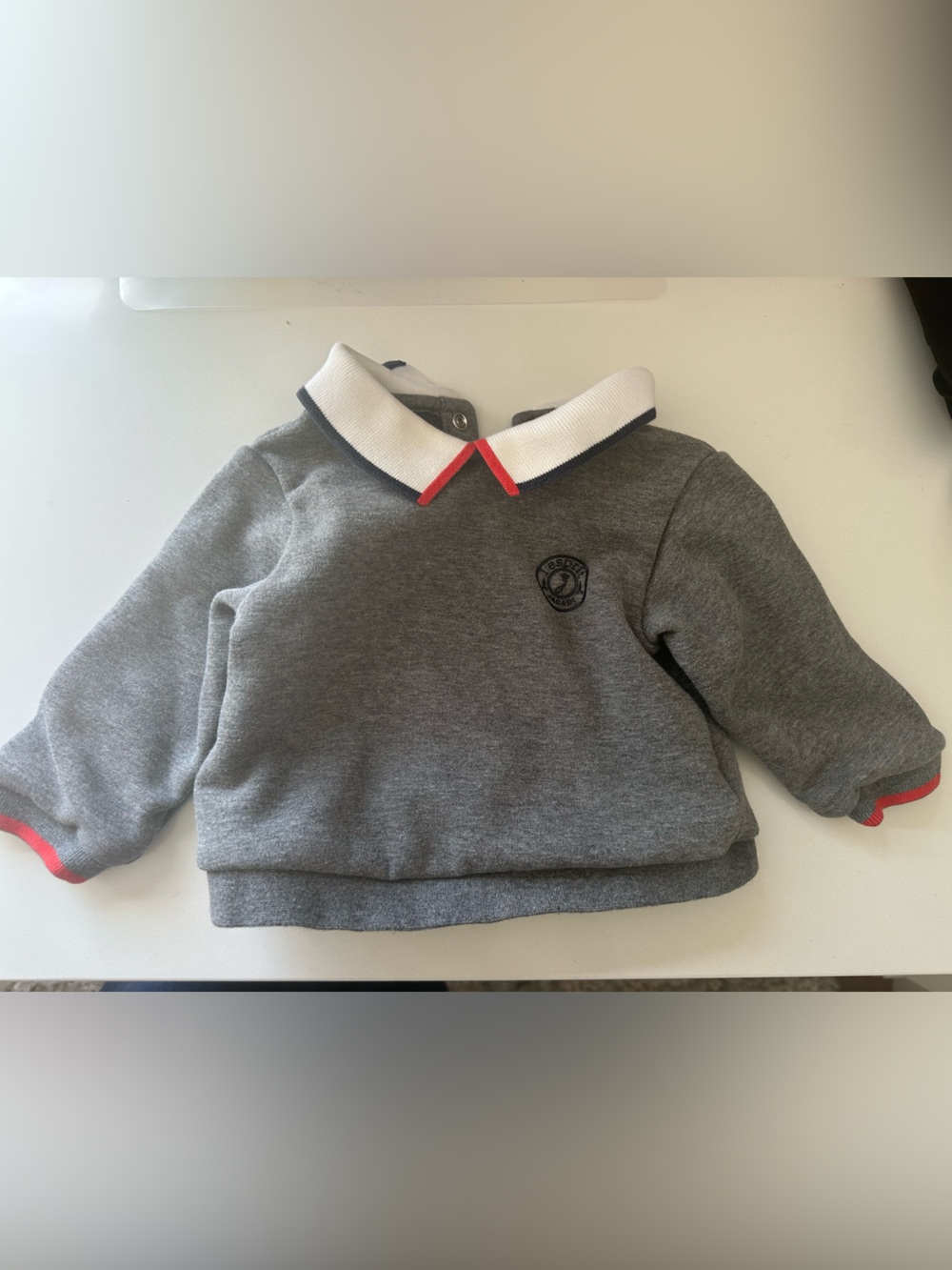Jacadi Gray Sweatshirt with White Collar and Red Trim